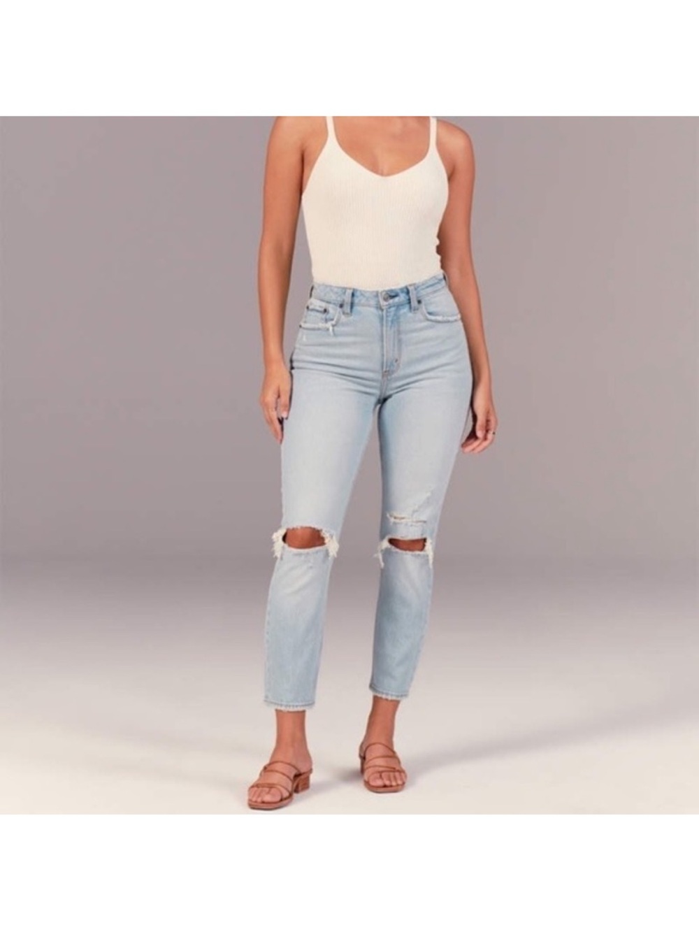 Abercrombie & Fitch The Mom High Rise Light Wash Straight Leg Distressed Jeans